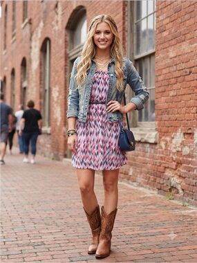 NWT BCX Chevron Ikat Print Chiffon Belted Fit & Flare Dress Barbiecore